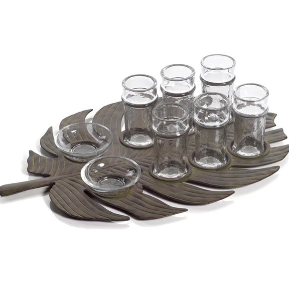 ZODAX Tequila Bar Set Monstera Leaf Iron Tray 6 Glasses 2 Bowls New in Box - Picture 2 of 2